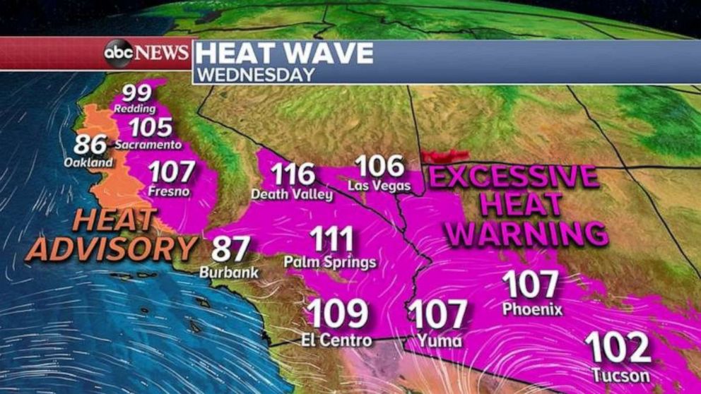 PHOTO: For Wednesday, Thursday and Friday, the worst of the heat moves into the Southwest deserts where some areas could see highs above 110 degrees. 