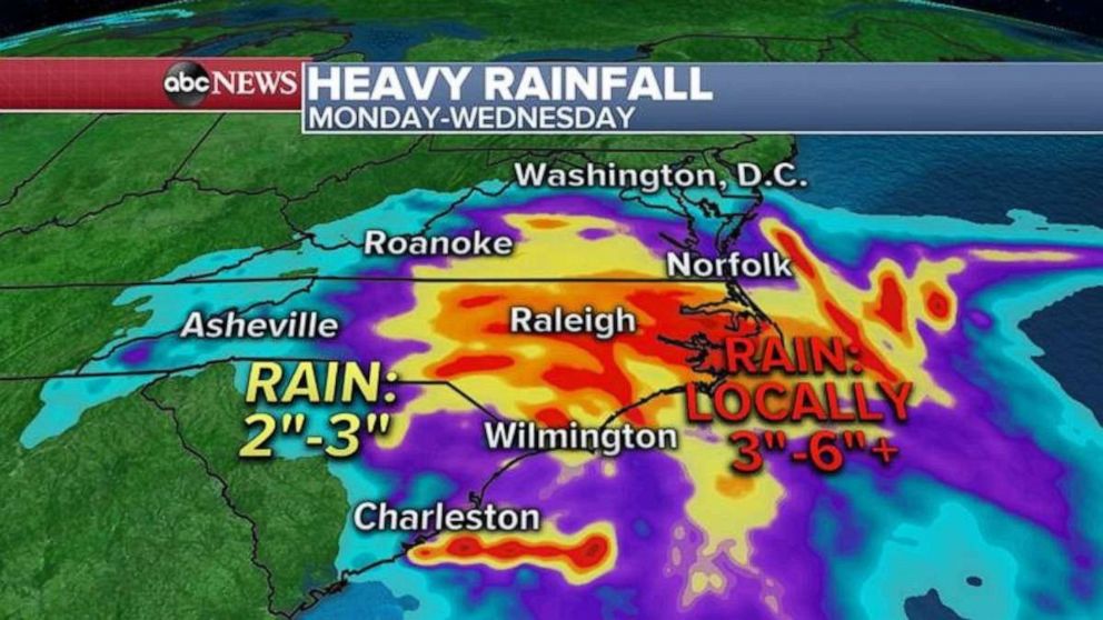 PHOTO: Copious amounts of rain is also forecast for the Carolinas and into southern Virginia this week. Locally, some areas could see more than a half a foot of rain through Wednesday where Flash flooding is forecast.