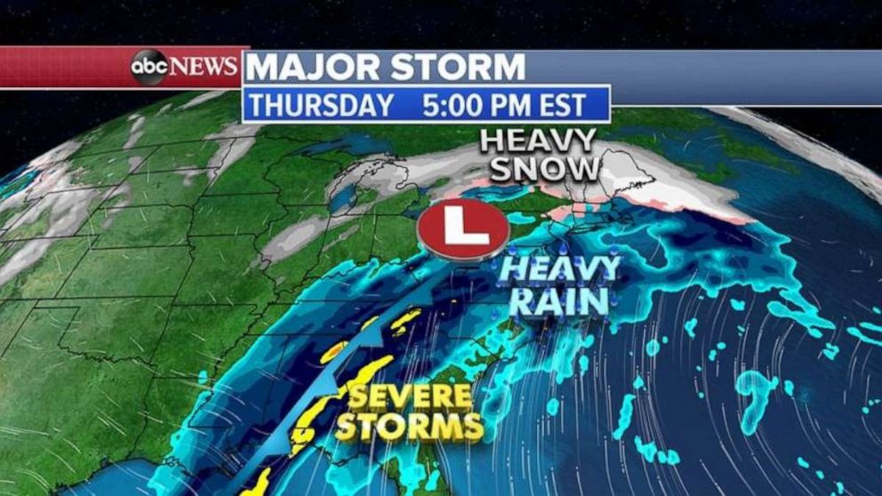 PHOTO: The strongest part of the storm system will reach the East Coast with thunderstorms that could produce damaging winds in the Carolinas and Florida and heavy rain and some snow and ice in the Northeast.