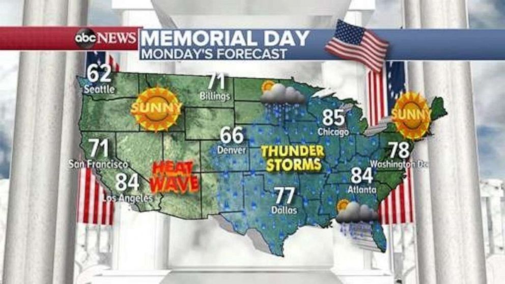 PHOTO: Memorial Day is looking fine on both coasts with the exception of Florida and northwest Washington. However, passing showers and thunderstorms threaten areas west of the Rockies to the Ohio River Valley. 