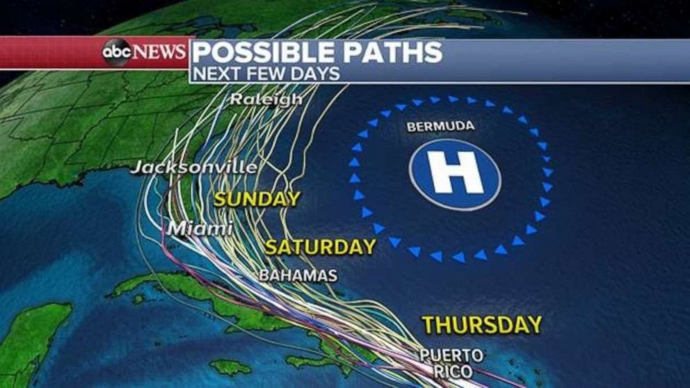 PHOTO: Spaghetti models are indicating that the storm will near the U.S. Southeast Coast in the latter part of the weekend and then eventually make the turn northward but when the system could make the turn northward remains to be seen. 