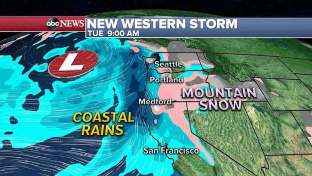 PHOTO: This storm system moves onshore late Monday into early Tuesday morning bringing another round of coastal rain and wintry precipitation to the higher elevations.