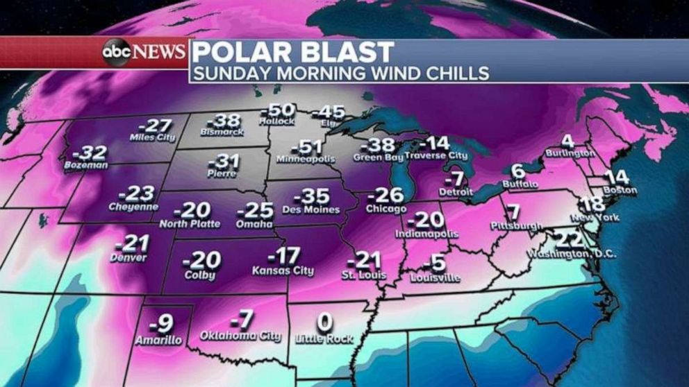 PHOTO: Some of the coldest air in years is going to move into the Upper Midwest and western Great Lakes and the Great Plains where wind chills this morning will be in the 50s below zero.
