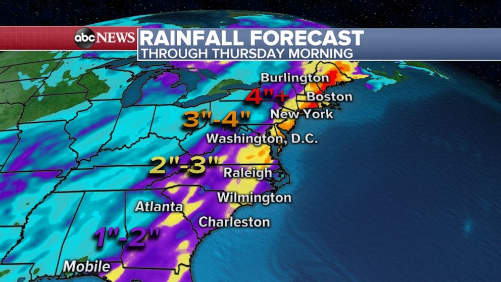 PHOTO: Preliminary forecasting shows the potential for over two inches of rain from the Carolinas to New England. 
