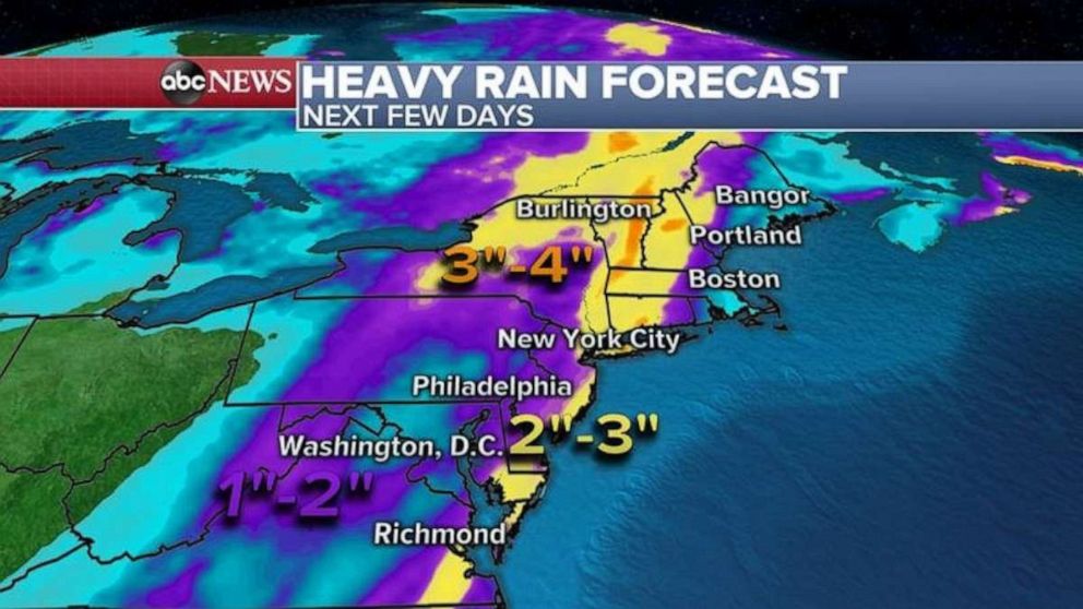 PHOTO: Some areas in the Northeast could get more than 3 inches of rain and if this rain comes down too fast, some minor flooding will be possible in the urban areas. 
