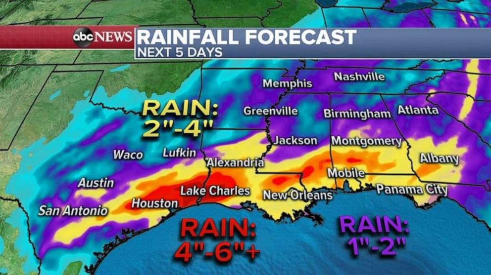 PHOTO: The rainfall is expected to be somewhat excessive, with a widespread 2 to 4 inches of rain expected from Texas to Georgia, and locally 4 to 6 inches of rain in parts of extreme Southeast Texas and Louisiana.