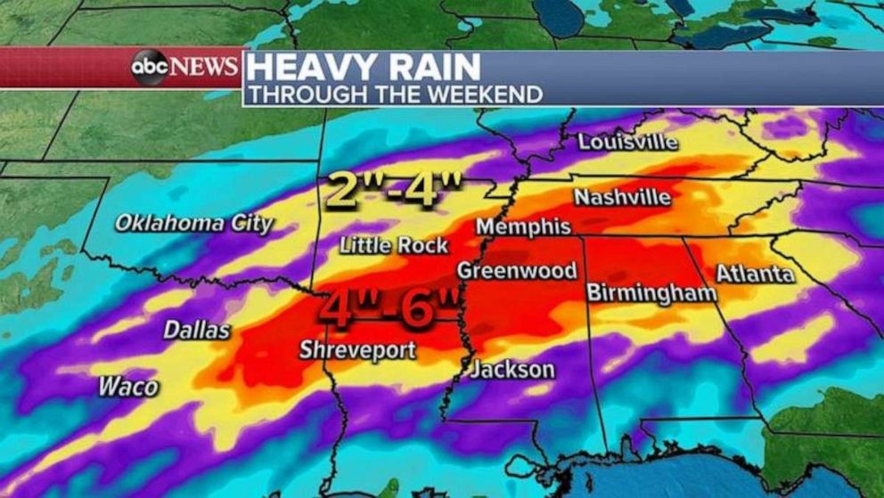 PHOTO: Over the next several days, storms will continue to move through the South over the same areas, increasing chances for flooding and locally some areas could see up to a half a foot of rain from eastern Texas into northern Alabama and Tennessee.
