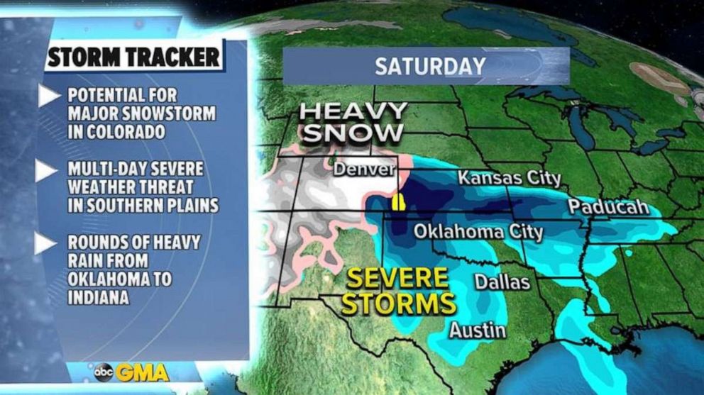 PHOTO: The storm will also set off some severe weather across parts of Kansas and northern Oklahoma on Wednesday evening and gusty winds and hail will be the possible. 
