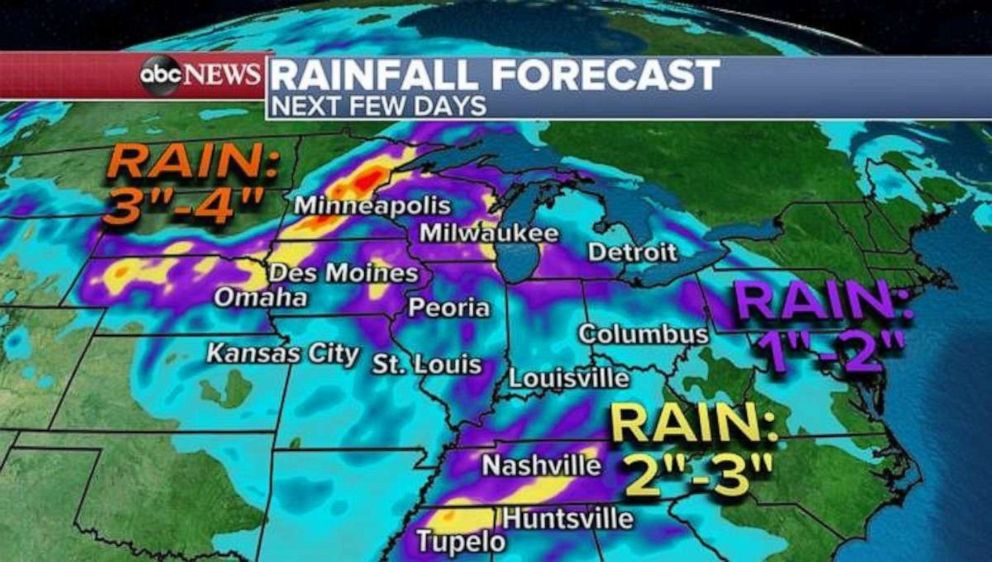PHOTO: Rain totals up to 3 inches or more is possible in Minnesota, South Dakota, Nebraska and extending towards the South in Tennessee and Mississippi through Thursday. 
