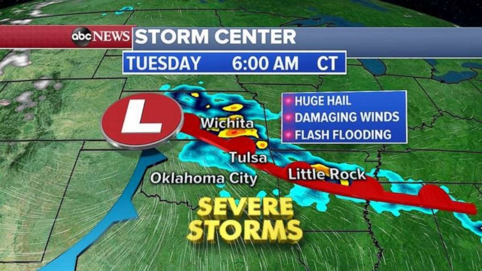 PHOTO: The biggest threat with these severe thunderstorms will be large hail, damaging winds and flash flooding. Cities in the path of these storms will be Wichita, Tulsa, Oklahoma City and into Little Rock.