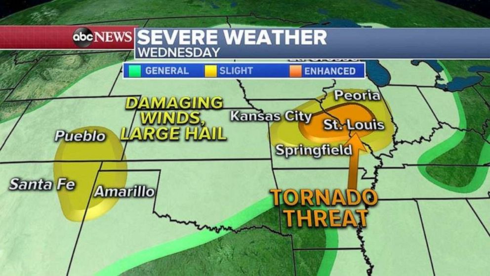 PHOTO: The biggest threat today will be damaging winds, large hail and even an isolated tornado. The tornado threat will be from Wisconsin to Iowa and damaging winds with hail should occur from Wisconsin to the Texas panhandle.