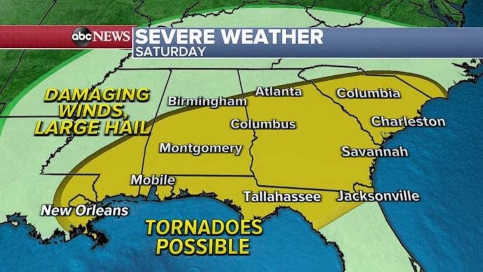 PHOTO: On Saturday, a severe weather threat will move east into the Southeast with the biggest threat for damaging winds and hail.
