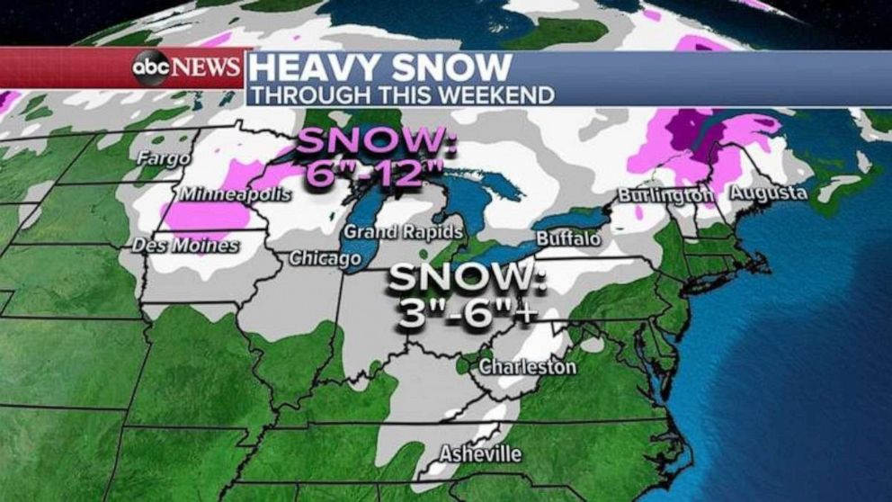 PHOTO: In the East, the heaviest snow will be in western Pennsylvania, New York and into Vermont, New Hampshire and Maine where locally more than a half a foot snow is possible. 
