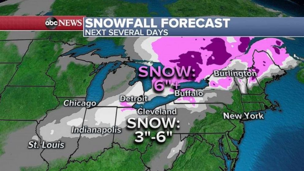 PHOTO: Snowfall totals will be the greatest from around Detroit to western New York and into northern New England where locally 6 to 12 inches of snow is possible.