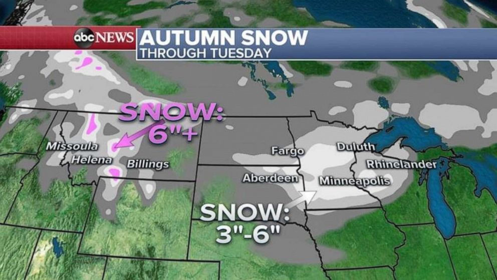 PHOTO: Meanwhile, to the north and east of the fires, from Montana into Michigan, a possible October snowstorm is developing and some areas could see near a half a foot of snow.
