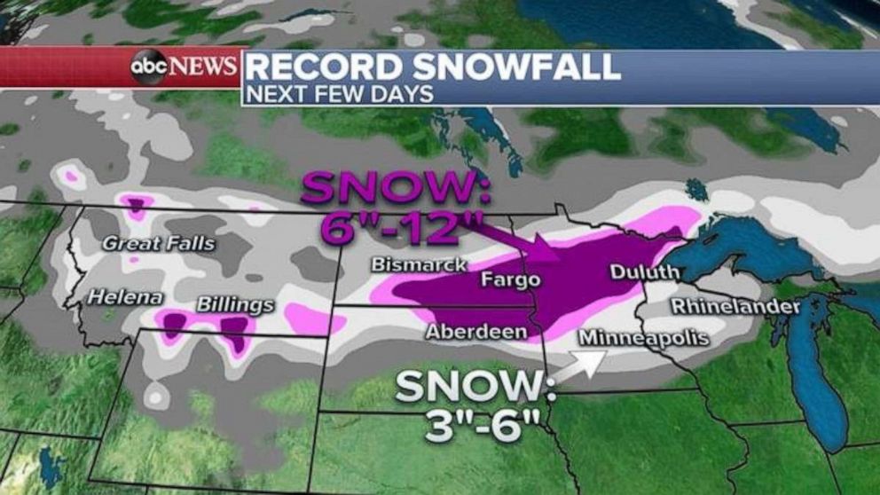 PHOTO: More snow is on the way and expected for the Upper Midwest and the northern Plains later in the week while, over the next few days, some areas could see 6 to 12 inches of additional snow. 