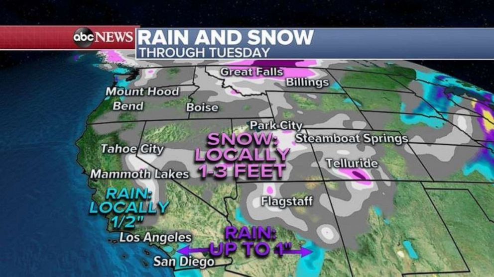 PHOTO: Some of the most organized areas of snow this morning are in parts of Montana and the Rocky mountains where locally up to 3 feet is expected through Tuesday. 
