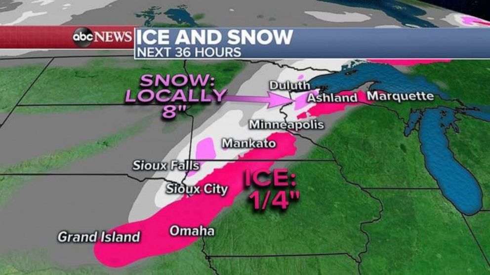 PHOTO: Ice accumulation will be the highest in Nebraska and Iowa where locally a quarter inch glaze of ice could cover roads and trees.
