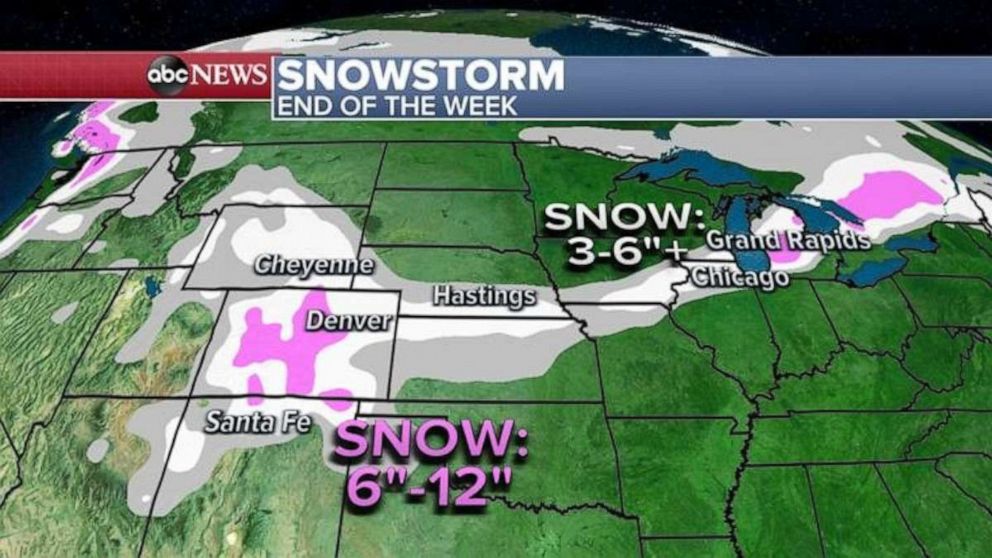 PHOTO: Here are those snowfall totals, the heaviest snow will be in New Mexico, Colorado and Michigan where locally up to a foot of snow is possible.
