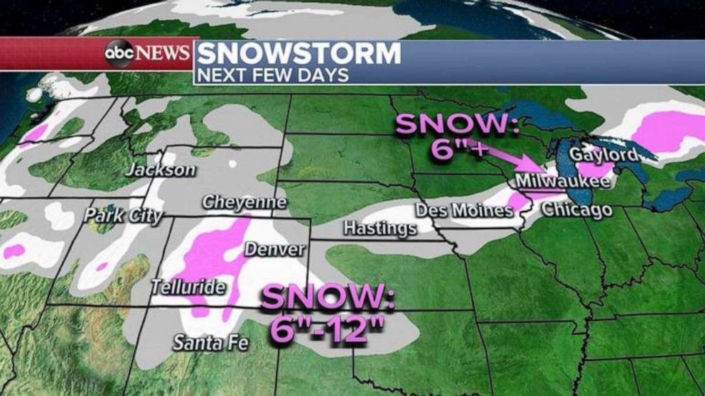PHOTO: Snowfall totals will be the heaviest from New Mexico to northern Illinois, southern Wisconsin and into central Michigan where locally 6 to 12 inches of snow is possible.
