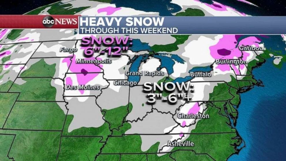 PHOTO: In the Northeast, the heaviest snow will be in northern New York state and into New England where more than 6 inches of snow is expected this weekend. 
