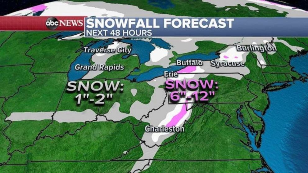 PHOTO: The heaviest snow will be north of Syracuse, New York, and between Buffalo, New York and Erie, Pennsylvania, where some areas could see up to 16 inches of snow.
