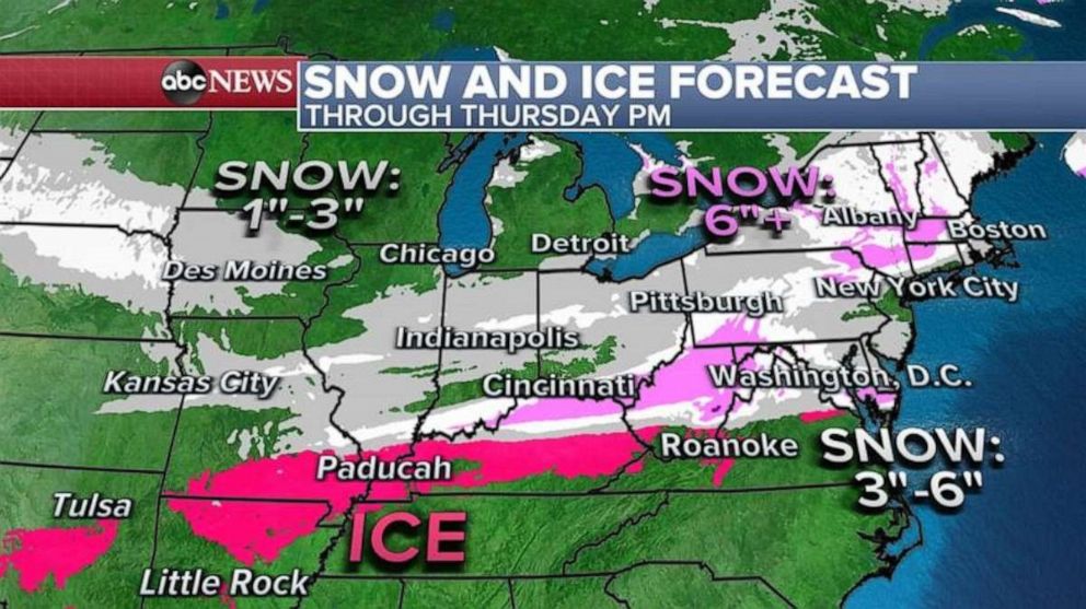 PHOTO: Over the day on Wednesday and then into Thursday, the snow and ice will stretch East. 
