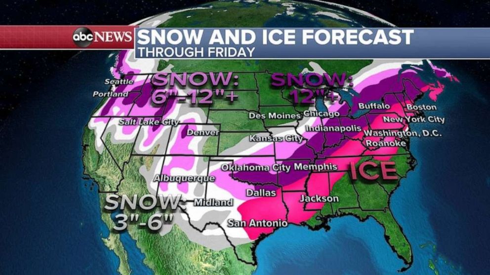 PHOTO: Through Friday, snow accumulations from both storms could exceed a foot from northern Texas to New England. 
