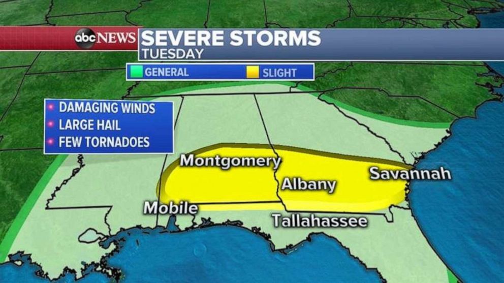 PHOTO: On Tuesday, the storm system moves into the eastern Gulf Coast states from Alabama to Georgia and into northern Florida. The biggest treat there will be damaging winds and also a slightly higher tornado threat. 