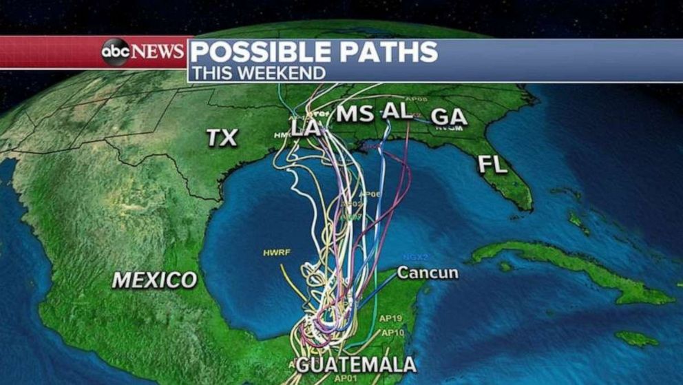 PHOTO: The spaghetti models for Cristobal indicates that the storm will strike somewhere in the central Gulf Coast by the end of the weekend into early next week.