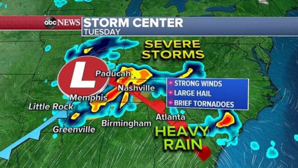 PHOTO: The storm will quickly move towards the Tennessee Valley by Tuesday and the risk for severe weather will slide eastward with more strong winds, large hail and brief tornadoes possible including parts of the Memphis and Nashville, Tennessee, areas. 