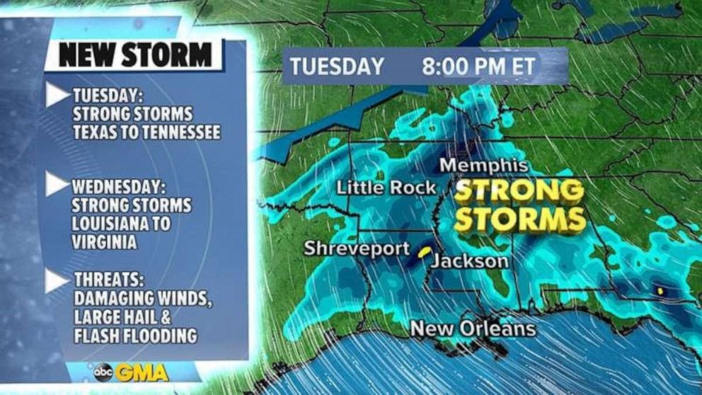 PHOTO: By Tuesday afternoon and evening, a Western storm will move into the southern Plains and bring more threats for strong thunderstorms with damaging winds and large hail as heavy rain will also be possible. 
