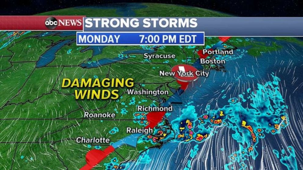 PHOTO: Along the East Coast, a stalled frontal boundary will bring a chance for strong storms in the Northeast and also in the Mid-Atlantic and into the Carolinas with the biggest threat with these storms being damaging winds and hail.