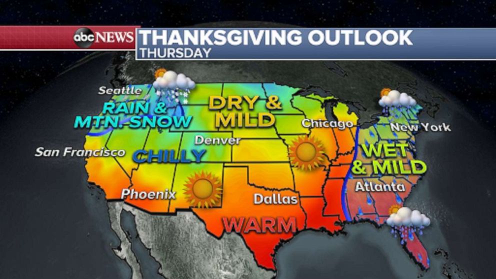 PHOTO: As far as Thanksgiving Day is concerned, folks along the East Coast could wake up to a soggy start. By the evening, however, most of the showers will have exited the region making way for peeks of sunshine. 
