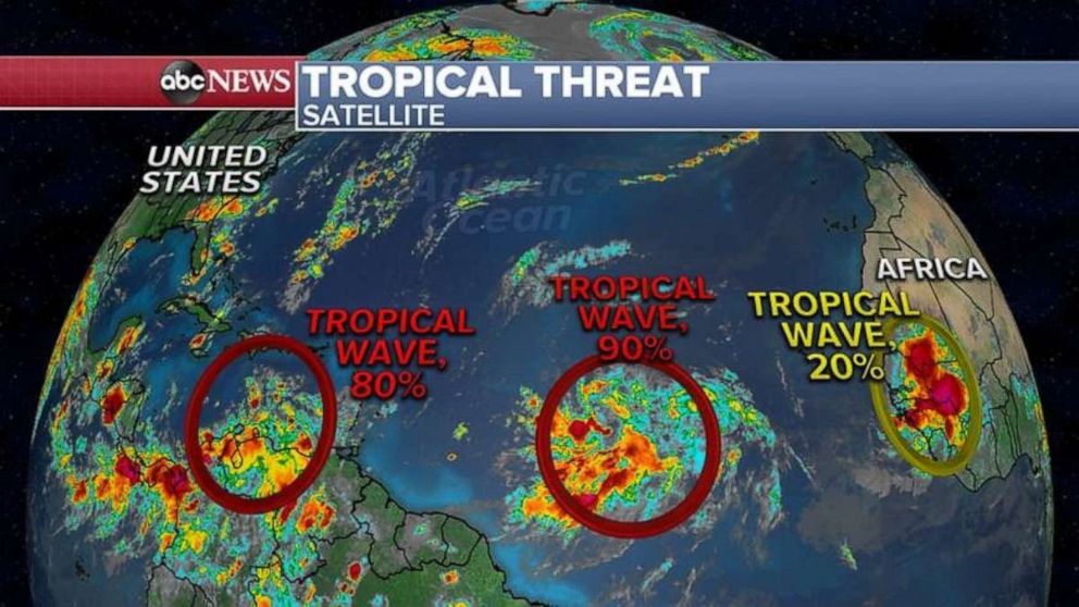 PHOTO: It is becoming very active out in the Atlantic Ocean as three tropical waves stretching from Africa all the way to Caribbean are all lined up and forecast to possibly develop into tropical depressions or storms in the next few days. 
