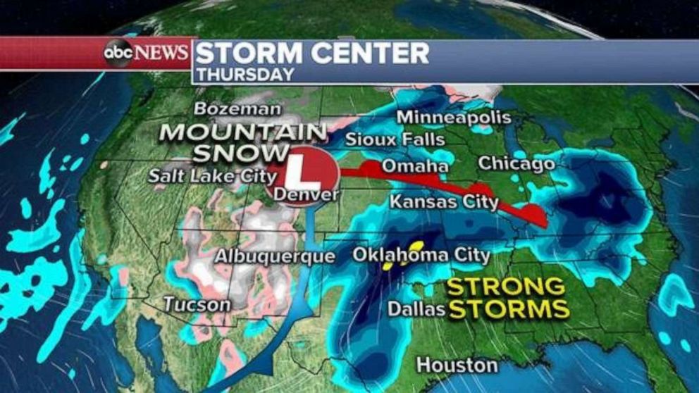 PHOTO: Late Thursday and Friday, the storm will then race off to the north and east and likely bring a round of snow to parts of the upper Midwest.  