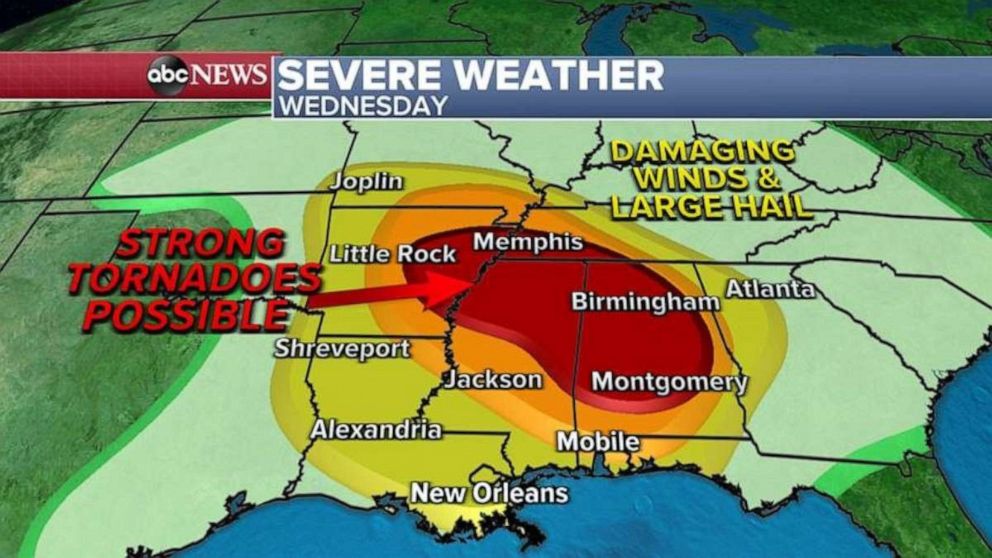 PHOTO: The worst of the severe weather will begin early in the afternoon on Wednesday or evening and overnight into Thursday morning.
