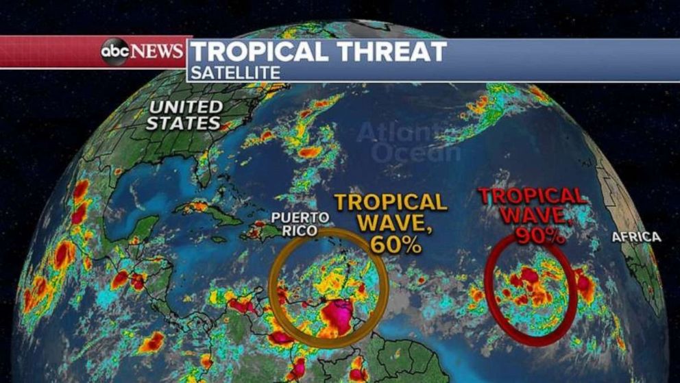 PHOTO: Elsewhere, the tropical Atlantic that is getting active, and two tropical waves are moving east and could form into a Tropical Depression in the next day or so. 
