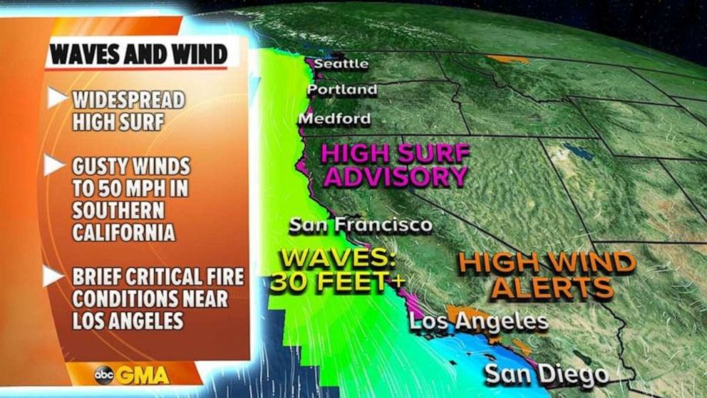 PHOTO: One of those storms today will help waves to exceed 30 feet in some parts of the West Coast of the U.S. as high surf advisories have been issued for nearly the entire western U.S. coast line as a result. 

