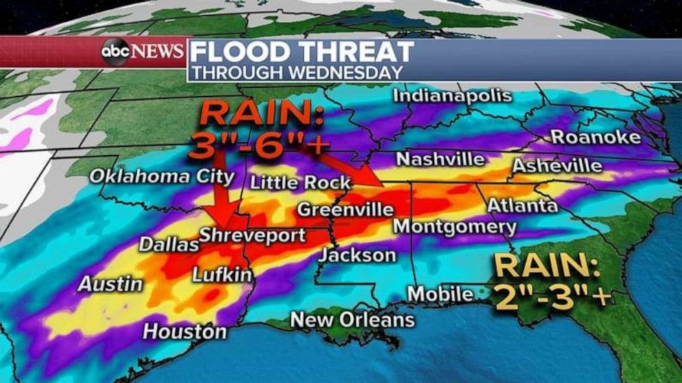 PHOTO: Through the middle of the week, the rain forecast shows a rather widespread area of three to six inches or more of rain from eastern Texas into parts of Alabama and Tennessee. 