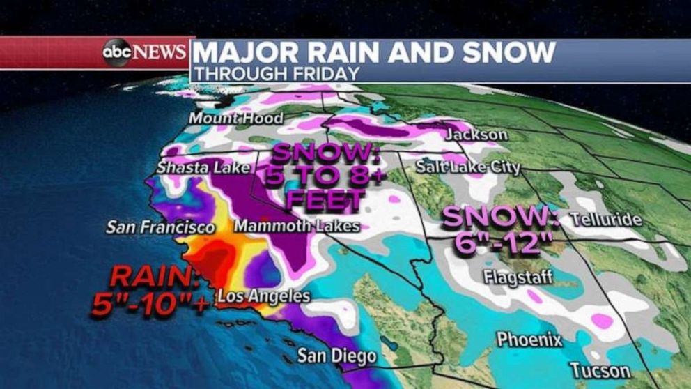 PHOTO: In the Sierra Nevada, up to 100 inches of snow is possible -- more than 8 feet of snow. 
