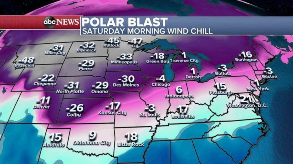 PHOTO: Saturday’s wind chill is looking pretty similar to today’s and this weekend’s wind chill with some of the Arctic air reaching further south and further east.   
