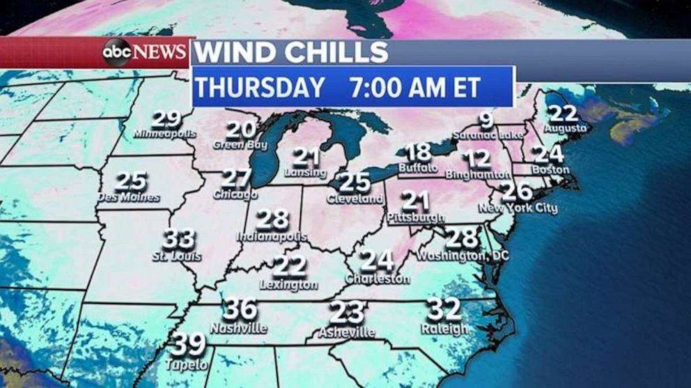 PHOTO: Some of that cold air will move into the East Coast and the I-95 corridor Wednesday night into Thursday morning and the wind chill is expected to be in the 20s and teens for the Northeast and it will feel like freezing as far south as Raleigh.