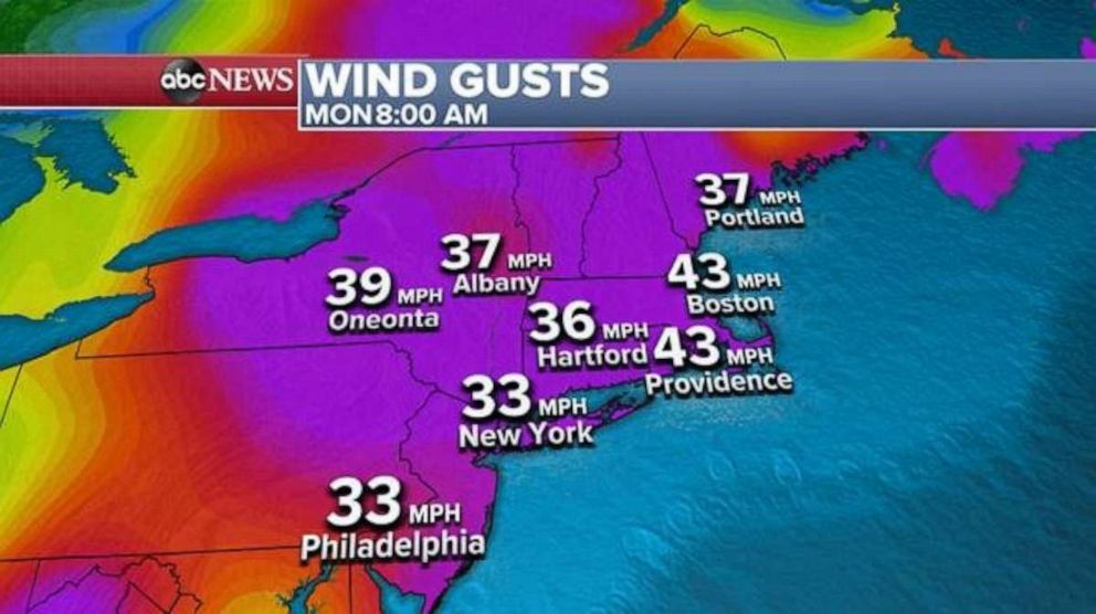 PHOTO: With heavy rain and thunderstorms moving across the Northeast by this afternoon, wind alerts are also in effect with gusts up 43 mph possible.
