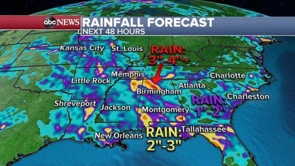 PHOTO: Over the next few days, the stationary front will continue to sit over the South and mid-Mississippi River Valley and will continue to produce localized heavy rain and some areas could see 2 to 4 inches of rain in a short period of time.