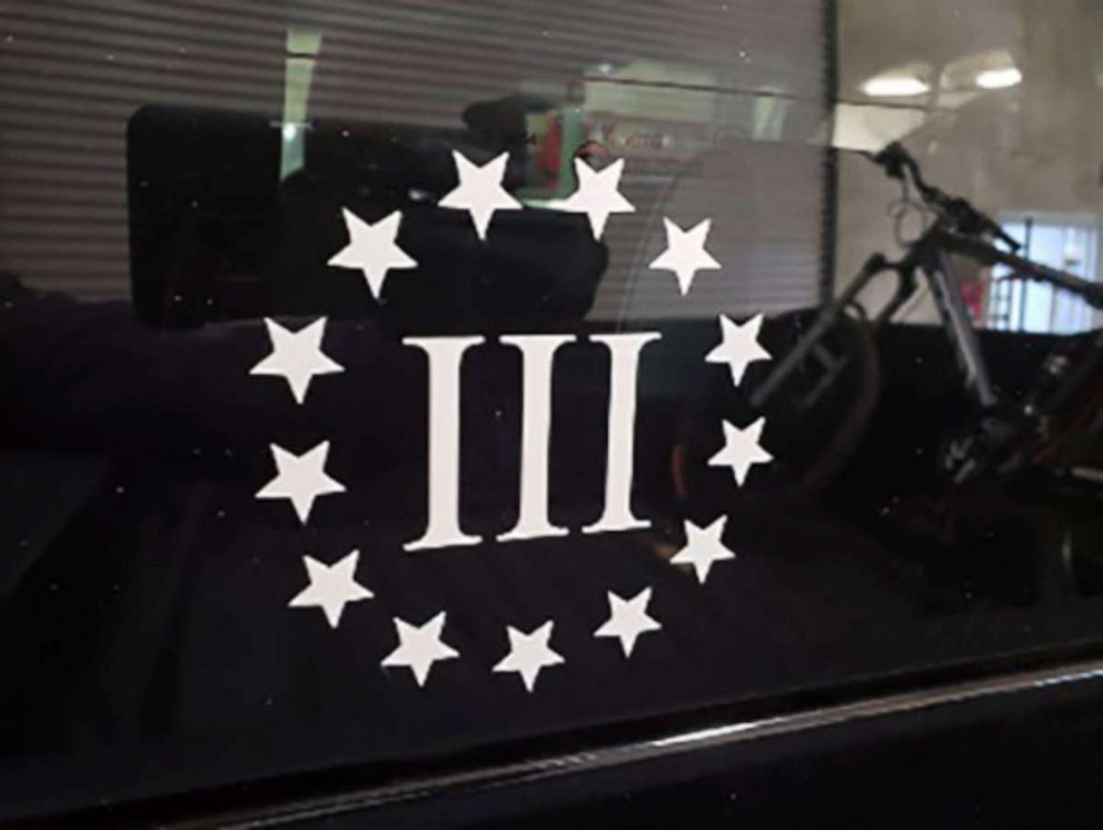 PHOTO: Prosecutors say this sticker representing the militia group "The Three Percenters" was allegedly found on Ian Rogers truck, as stated in criminal complaint presented before the US District Court for the Northern District of Calif., Jan. 15, 2021  