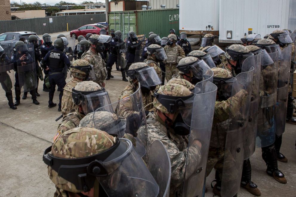 PHOTO: U.S. Soldiers with 93rd Military Police Battalion, Special Purpose Marine Air-Ground Task Force 7, and U.S. Customs and Border Protection (CBP) officers train at the Otay Mesa Port of Entry in California, Dec. 6, 2018.