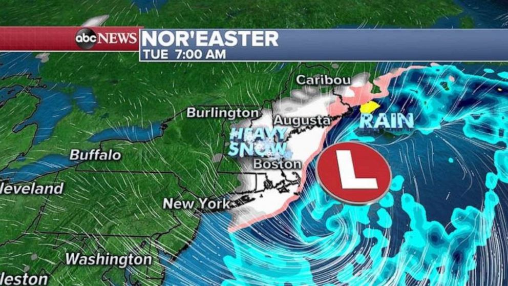 PHOTO: The only snow Tuesday morning will be flying in Boston and eastern New England and strong gusty north winds are expected, locally gusting to 50 mph. 