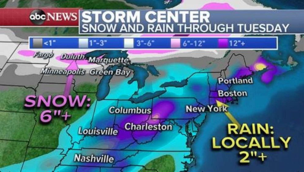 PHOTO: 1 to 2 or more inches of rain can be expected in parts of the eastern US and locally 6 inches of snow in parts of the upper Midwest can be expected through Tuesday.  