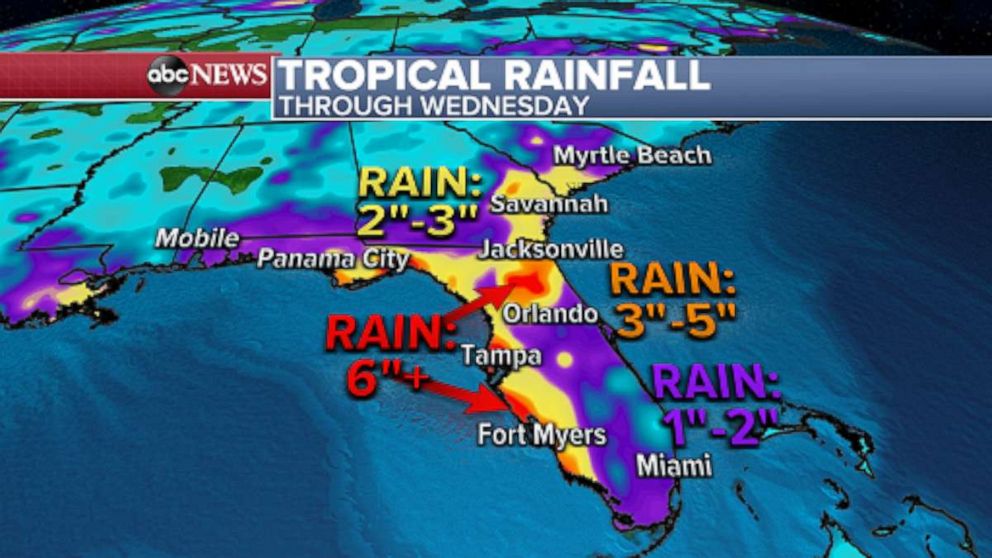 PHOTO: Heavy rainfall from Elsa will fall across Florida from Monday through Wednesday and 2 to 4 inches of rain, with localized maximum amounts up to 6 inches, will be possible in the region.